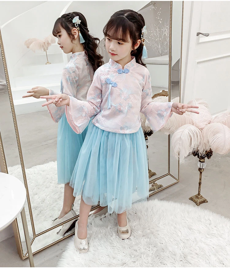 Hanfu/детский кружевной Чонсам; Ципао для девочек; Традиционный китайский новогодний костюм; восточные платья с длинными рукавами; платье для дня рождения