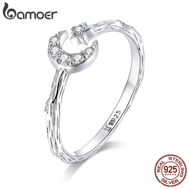 bamoer GXR638 Genuine 925 Sterling Silver Ring Zirconia Clear CZ Moon &amp Star Open Ajustable Size Fine Jewelry Mode 2020 | Украшения и