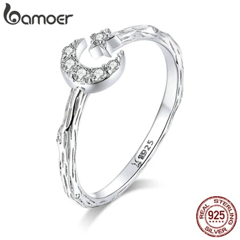 

bamoer GXR638 Genuine 925 Sterling Silver Ring Zirconia Clear CZ Moon & Star Open Ring Ajustable Size Fine Jewelry Mode 2020