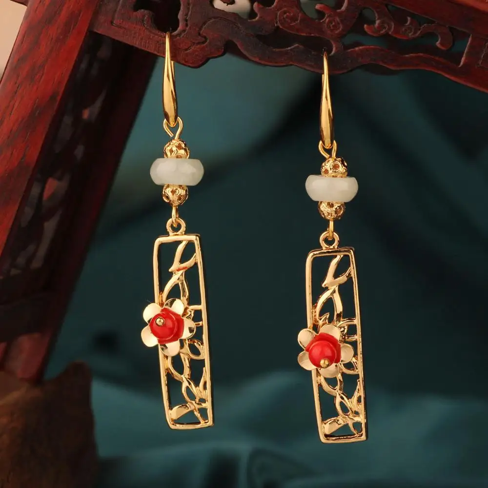 ethnic delicate long red Aventurine small flower drop earring simple style vintage Retro earrings for women gift Jewelry | Украшения и