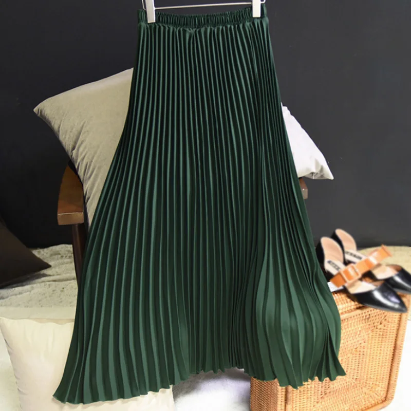 Deep-Green Qiuxuan, женские макси одноцветные юбки, Весенняя эластичная плиссированная юбка с высокой талией, юбка длиной до щиколотки, женские повседневные юбки, разные цвета - Цвет: Deep-Green