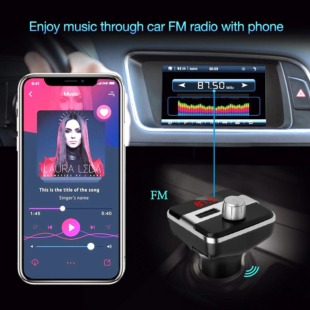 Fm-передатчик автомобильное зарядное устройство с двумя USB-портами Bluetooth комплект