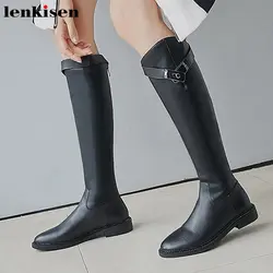 Lenkisen/популярные модные брендовые женские ботфорты из натуральной кожи черного цвета, с круглым носком, на среднем каблуке, на молнии, с