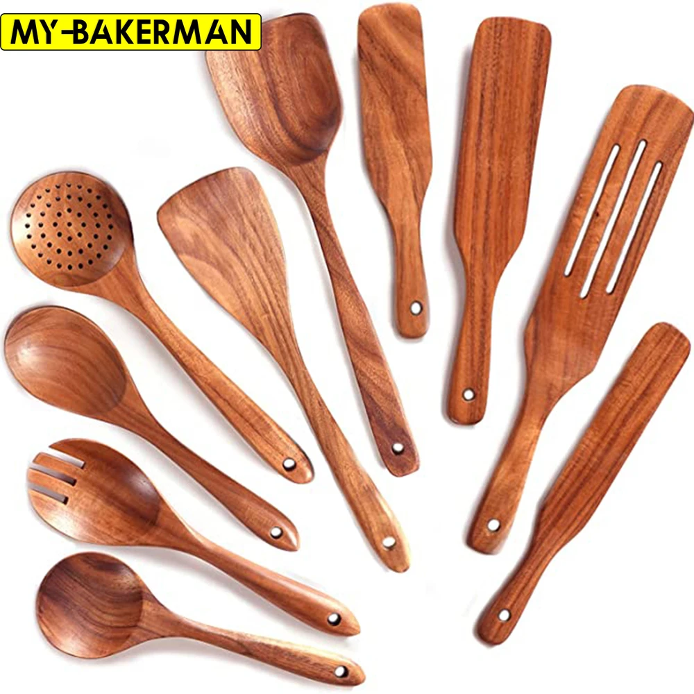 1-10pcs Teak Natural Wood Tableware Spoon Ladle Turner Rice Colander Soup Skimmer Cooking Scoop Kitchen Reusable Tool Kit | Дом и сад