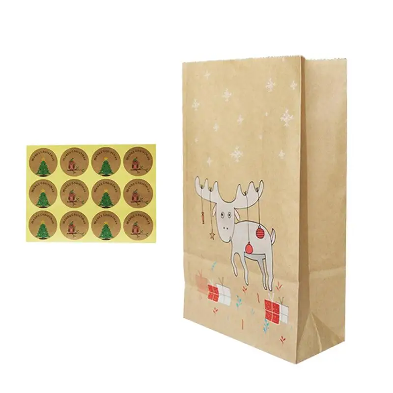 12pcs Kraft Paper Bakery Bags Xmas Gift Candy Treat Sacks with 12 Sealing Stickers (Christmas Reindeer Pattern) | Дом и сад
