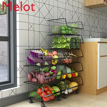 

4 Layers Metal Racks & Holders Vegetable Fruit Racks with Wheels Basket Home Floor Multi-layer Kitchen Storage & Organization