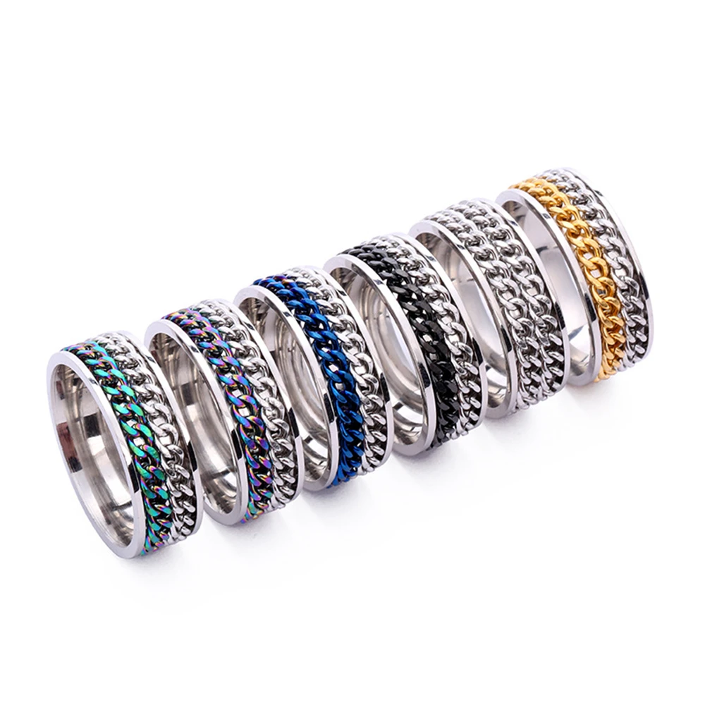 Gran venta Loredana de 8mm hilandero de acero inoxidable anillo Punk para los hombres negro azul giratorio cadena anillos de boda para regalo de joyas de fiesta p3KD6qZpe