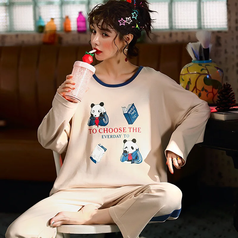 

Fashion Korean-style Pajamas Knitted Cotton Set GIRL'S INS Panda Long Sleeve Spring And Autumn Crew Neck Sweet Cute Home Wear