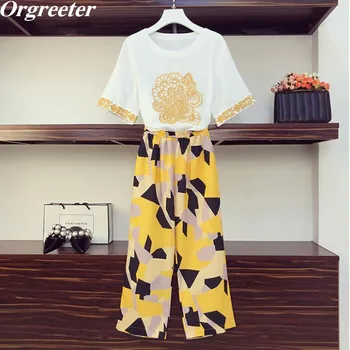 

Plus Size XL-5XL Tshirt With Pants Two piece set Women Summer New Retro pattern Embroidery Tshirt and Hit color Block Pants Suit