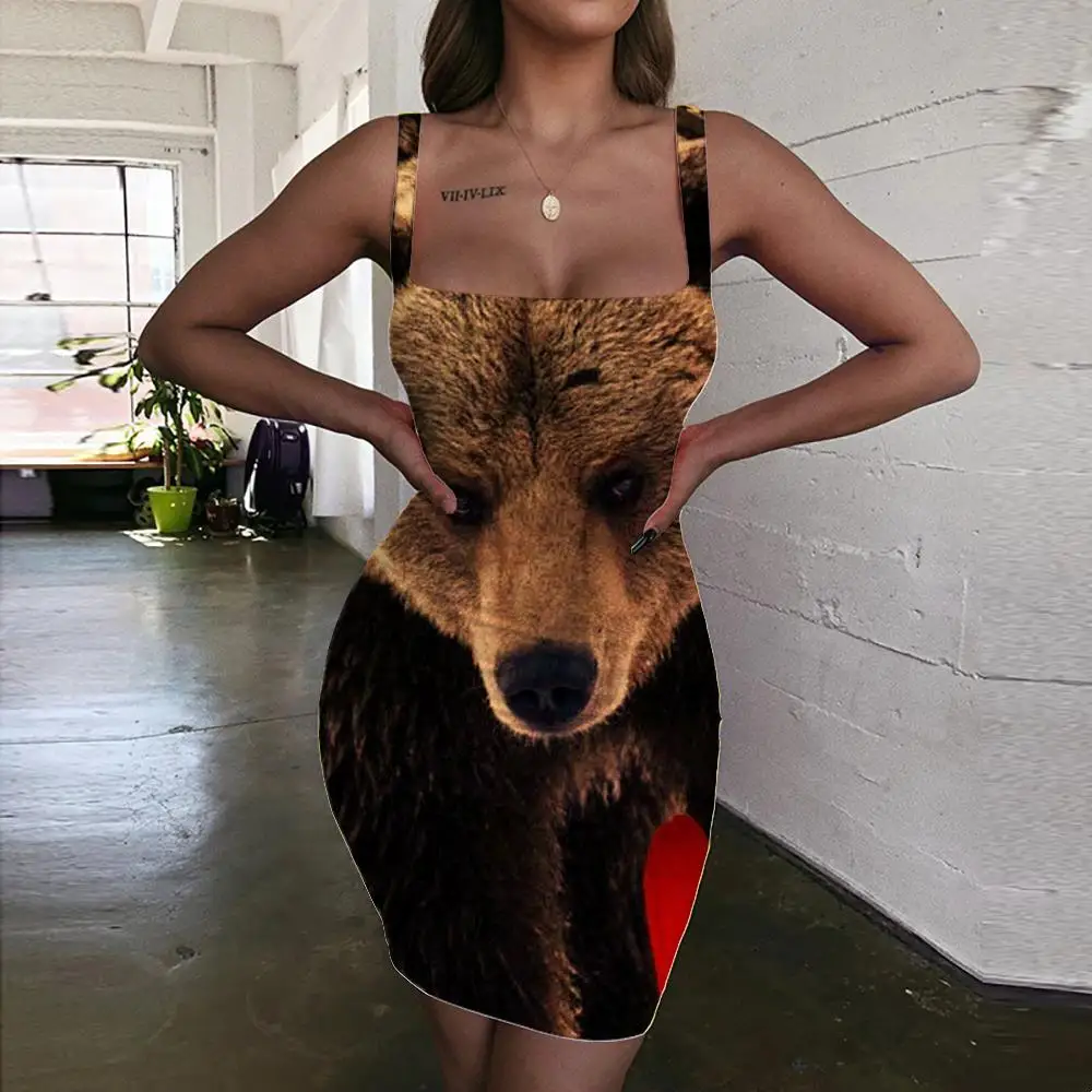 

KYKU Brand Bear Dress Women Russia 3d Print Animal Halter Sleeveless Funny Bodycon Dress Womens Clothing Party New Beach Femme