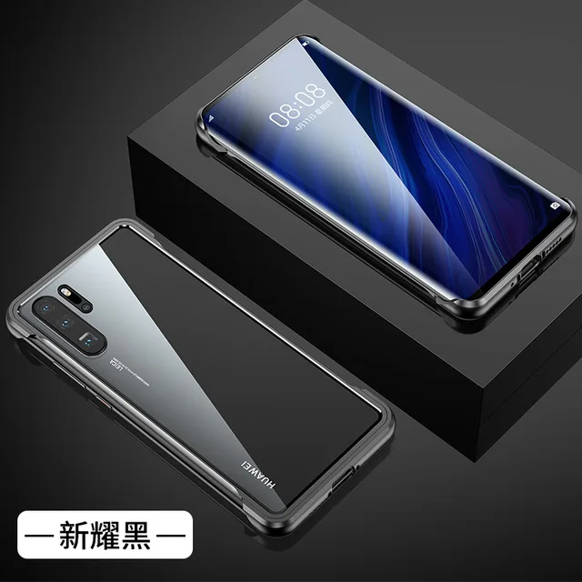 black Металлический бампер чехол для huawei P30 Pro, Магнитный чехол P30Pro с закаленным стеклом, задняя крышка для huawei P30, металлический чехол без оправы s - Цвет: black