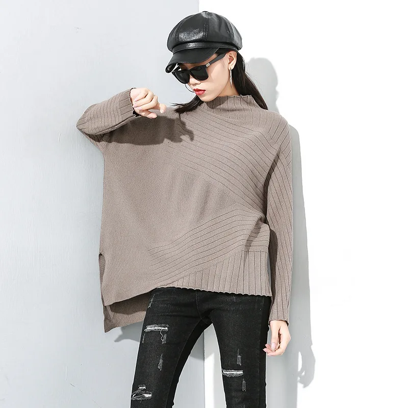 

LANMREM 2020 Winter New Elastic Pullover Solid Color Sweater Personality Irregular Solid Color High Collar Sweater PC080