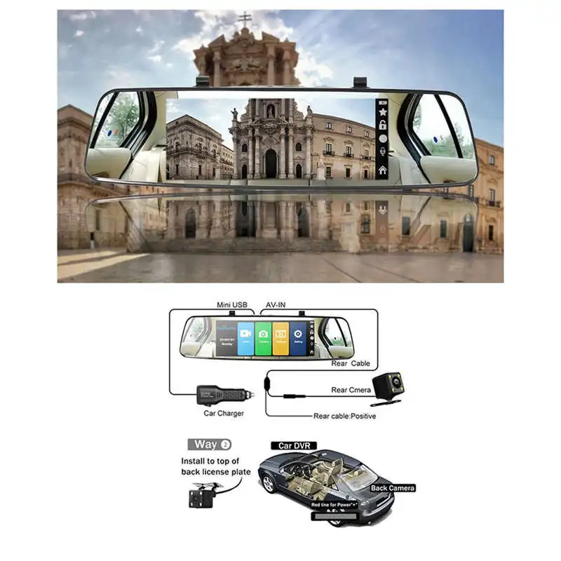 Front And Rear Dual Recording,Whole Press Screen,Hd 1296P Front+ 1080P Rear 280 Degree Wide Angle Anti-Glare Rearview Mirror Du
