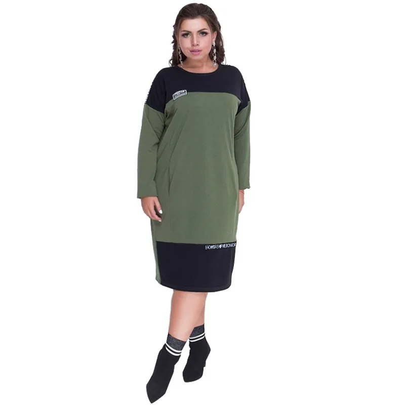 

Spring Autumn Dress New Large Size Women's Casual Long Sleeve O Neck Midi Dress Plus Size Woman Fashion Patchwork Dresses 6XL