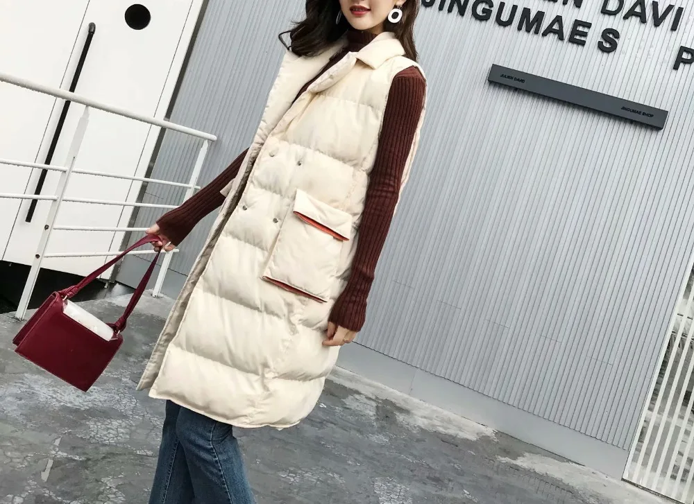 Утолщенный зимний теплый жилет из хлопка, с подкладкой для женщин Модный, застегивающийся на одну пуговицу свободная версия длинные пальто без рукавов veste