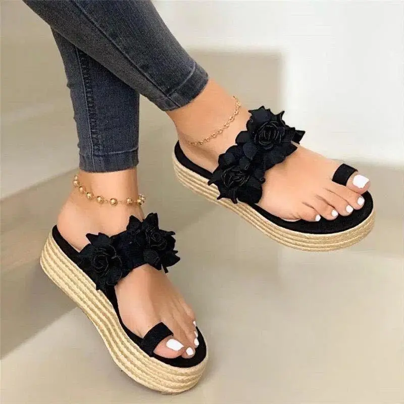 

Summer New Women's Sandals Flower Set Toe Sandals and Slippers Women's Hot Sale Hemp Rope Thick Bottom Large Size Women's Drag