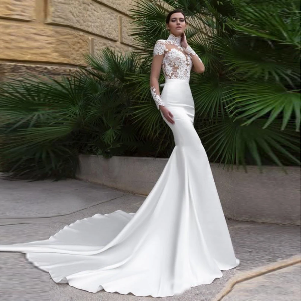 High Neck Sexy Mermaid Satin Wedding Dresses 2020 See Through Long