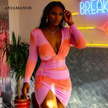 

ANJAMANOR Pink Tie-dye Print Deep V Neck Long Sleeve Bodycon Dress Women Sexy Dress Plus Size Party Night Clubwear D37-AE43