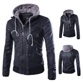 

KIMSERE Men's Leather Biker Jackets With Removable Hood Fashion Fau Leather Motorcycle Jacket Outerwear Plus Size M-4XL