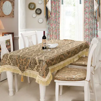 

1PC European Rectangle Tablecloth with Tassels Golden Bottom Chenille Washable Dining Table Cover for Tabletop Home Decor