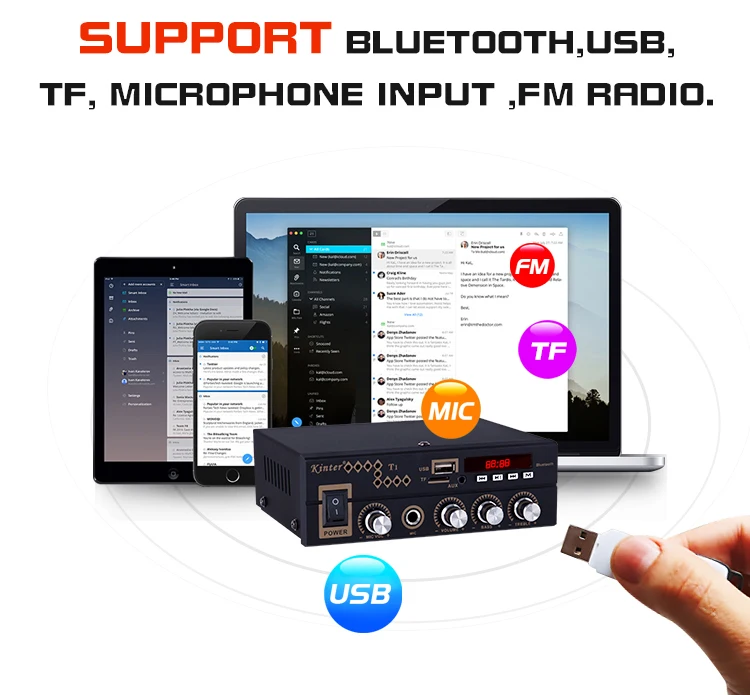 Kinter T1 мини усилитель аудио hi-fi стерео звук AC мощность DC 12 В с AUX TF USB MIC вход дистанционное управление супер бас высокие частоты