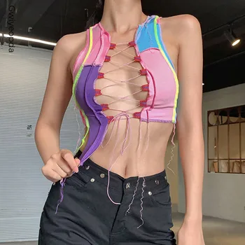 

2020 Sexy Hollow Out Camisole Vest Women Ribbed Knitting Crop Tops Clubwaer Party Wear Colorful Tank Top Bandage Female