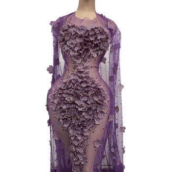 

Luxury Crystal Floral Mesh See Through Evening Trailing Dress with Cloak Women Halter Perspective Party Mermaid Dress Stage Wear