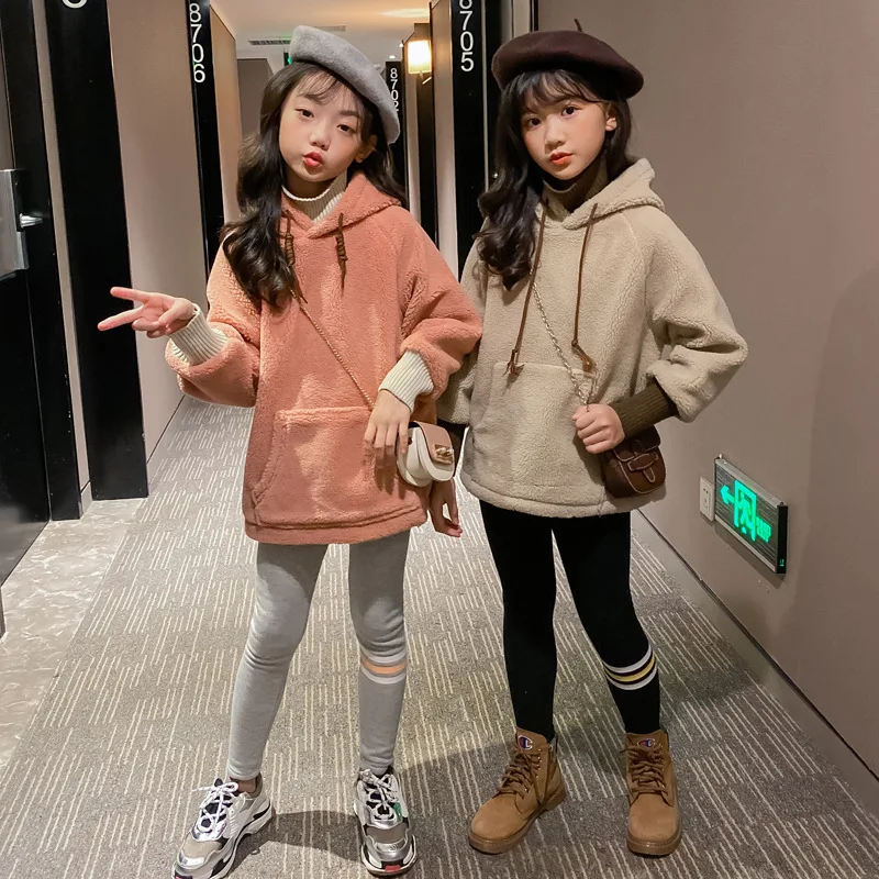 

Sweet thicken warm girls hooded coat polar fleece pink khaki Korea children's clothing teenage girls outerwear 8 10 12 years