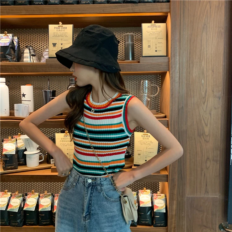 Rainbow Striped Small Halter Korean Harajuku Vest Women's Summer Slim Thin Outer Wear Wild Net Red Sleeveless Knit Top