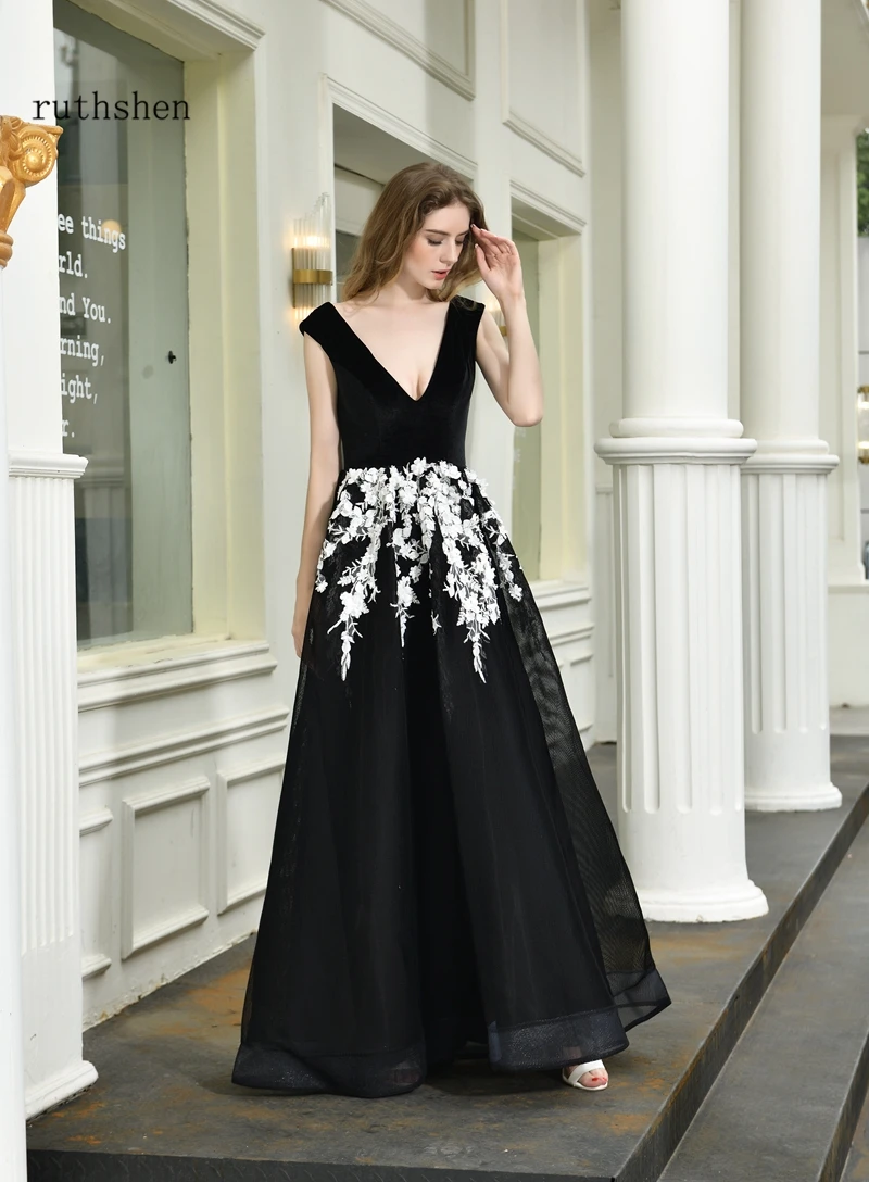 Black Prom Dress Deep V Neck With White Lace Appliques Sexy Robe De Soiree Evening Dresses Long For Women Party