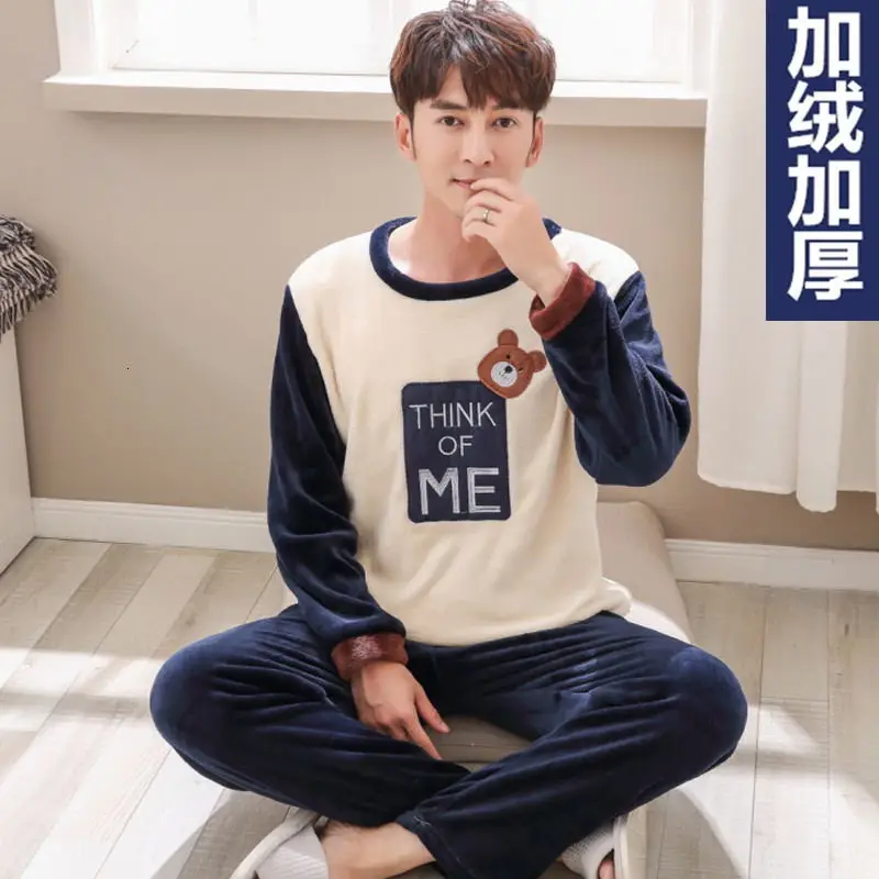 men pajamas winter Зимние фланелевые пижамные комплекты для мужчин с длинным рукавом, толстые теплые коралловые бархатные Мультяшные пижамы, костюм для дома, домашняя одежда размера плюс 4XL - Цвет: men pajamas winter