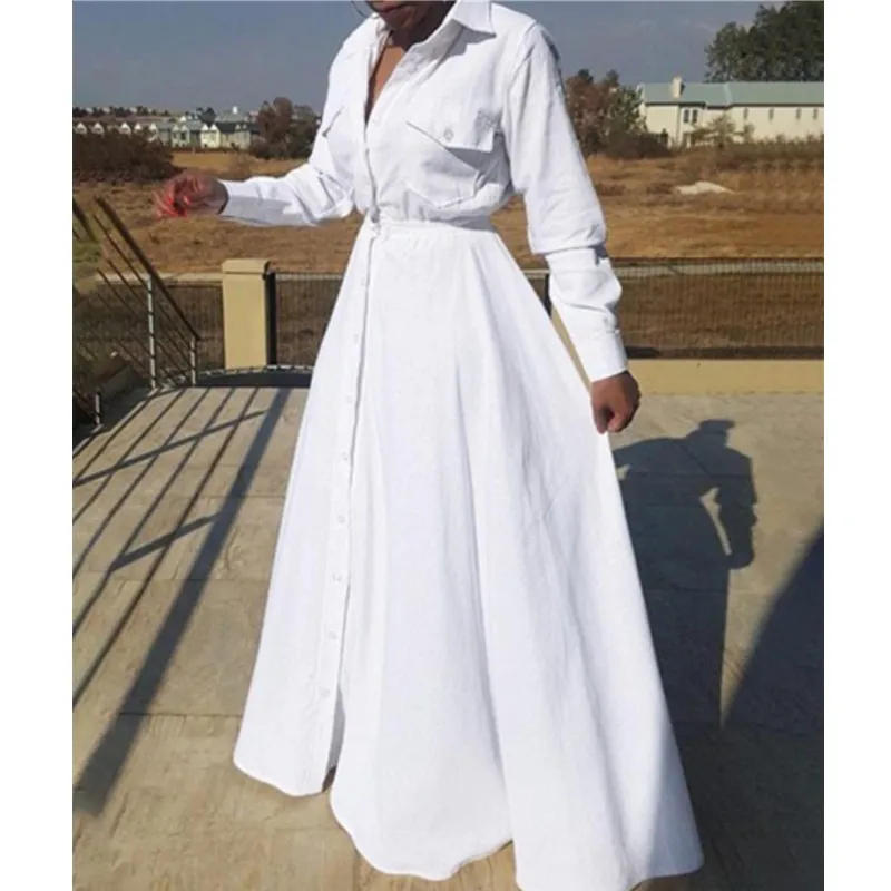 

Plus Size 2019 Spring Long Sleeve Dresses Women Maxi Cotton Long Dresses Autumn Large Size Ladies White Dress