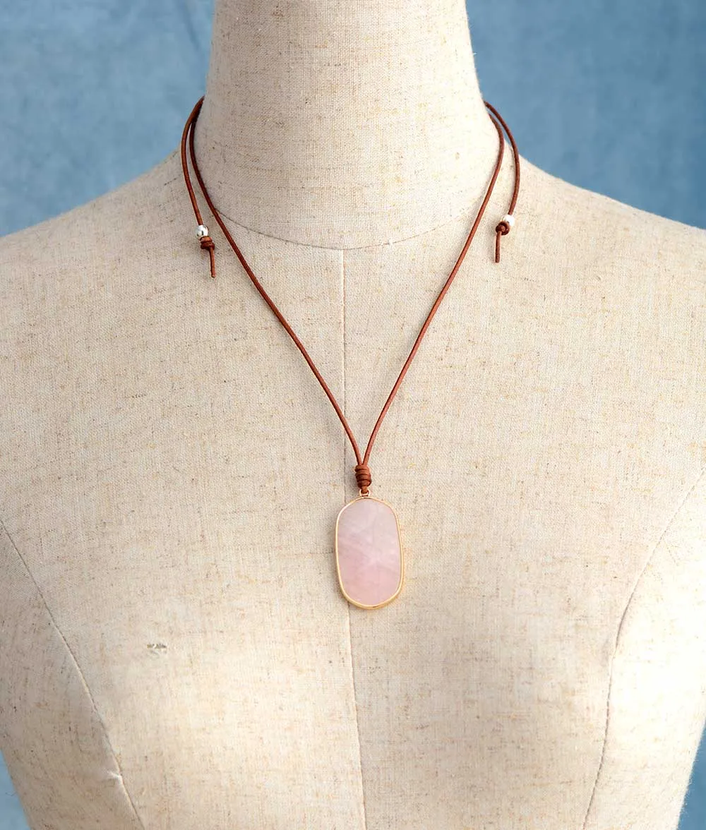 Natural Stone Pendant Necklace Rose Quartzs Adjustable Leather Necklace Unique Simple Jewelry Women Femme Homme Bijoux - Image 4