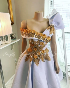 

Luxury V-neck 3D Flowers Crystals Gold Lace Womens Formal African Ladies Party White Short Evening Dresses 2020