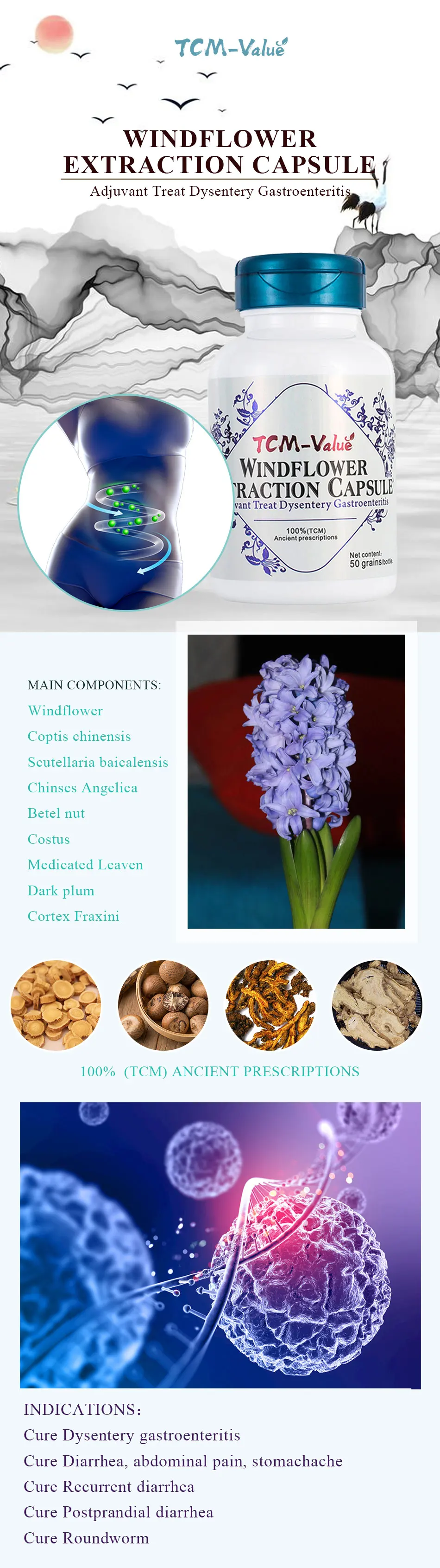 TCM-значение Windflower экстракции капсулы, адъювант лечения дизентерии Gastroenteritis, лечения дизентерии gastroenteritis диарее, 50 шт