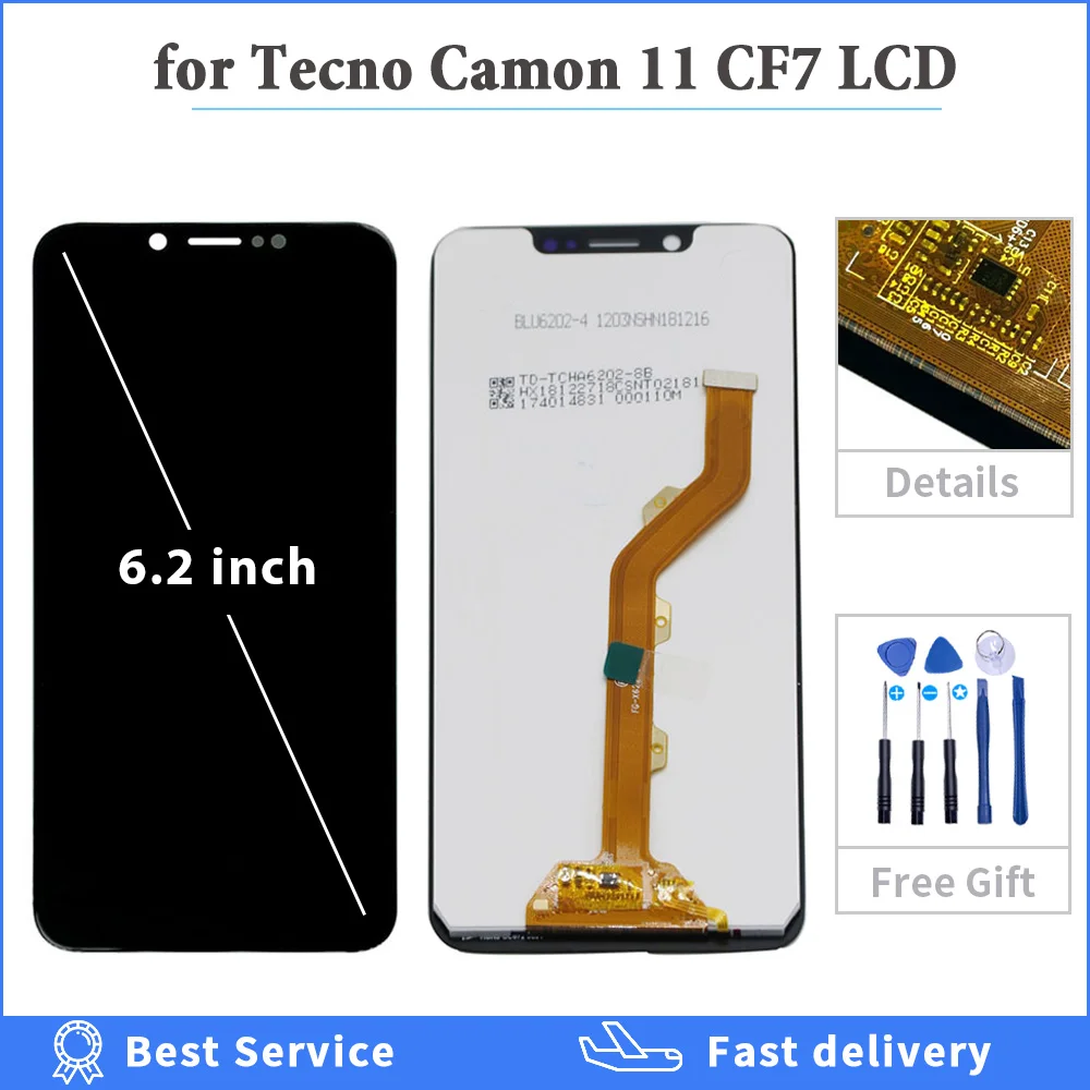 6,2 ''ЖК-экран для Tecno Camon 11 CF7 ЖК-дисплей кодирующий преобразователь сенсорного экрана в сборе для Tecno Camon 11 CF7 Полный ЖК-экран