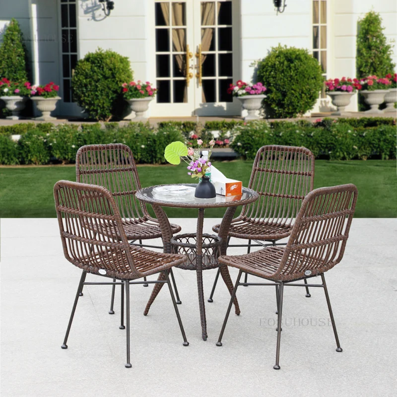 Nordic PE Rattan Garden Furniture Sets Minimalist Modern Leisure 4 Piece Chair Coffee Table Outdoor Furniture Creative Homestay