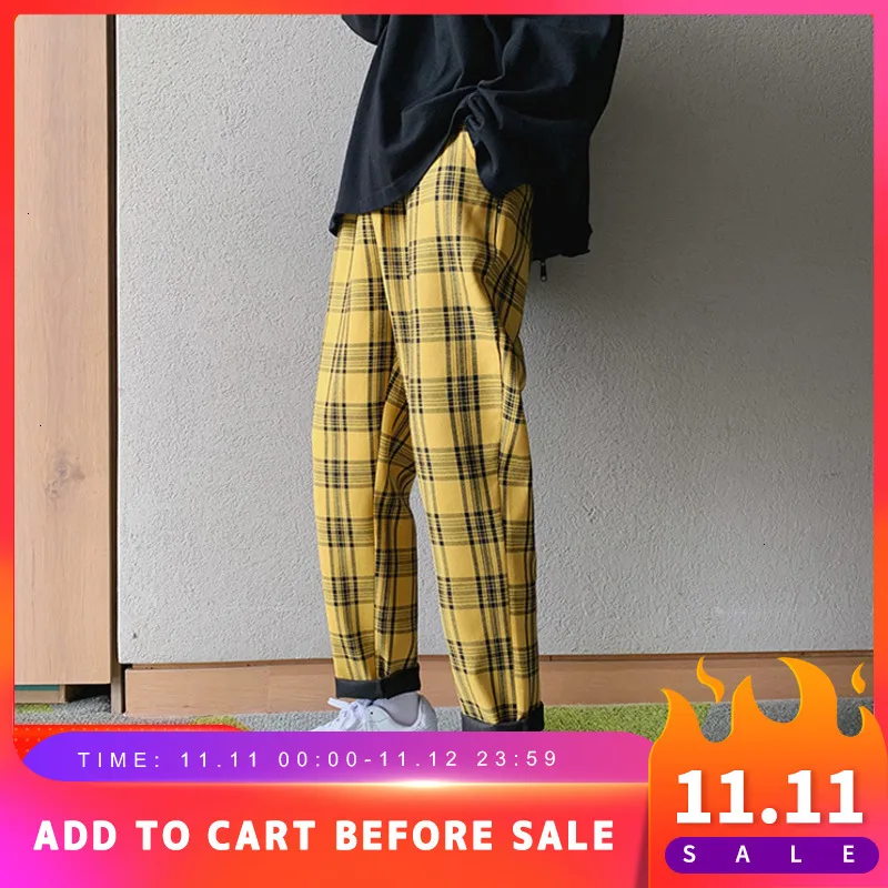 Мужские шаровары в клетку Privathinker черные и желтые клетчатые стиле Харадзюку