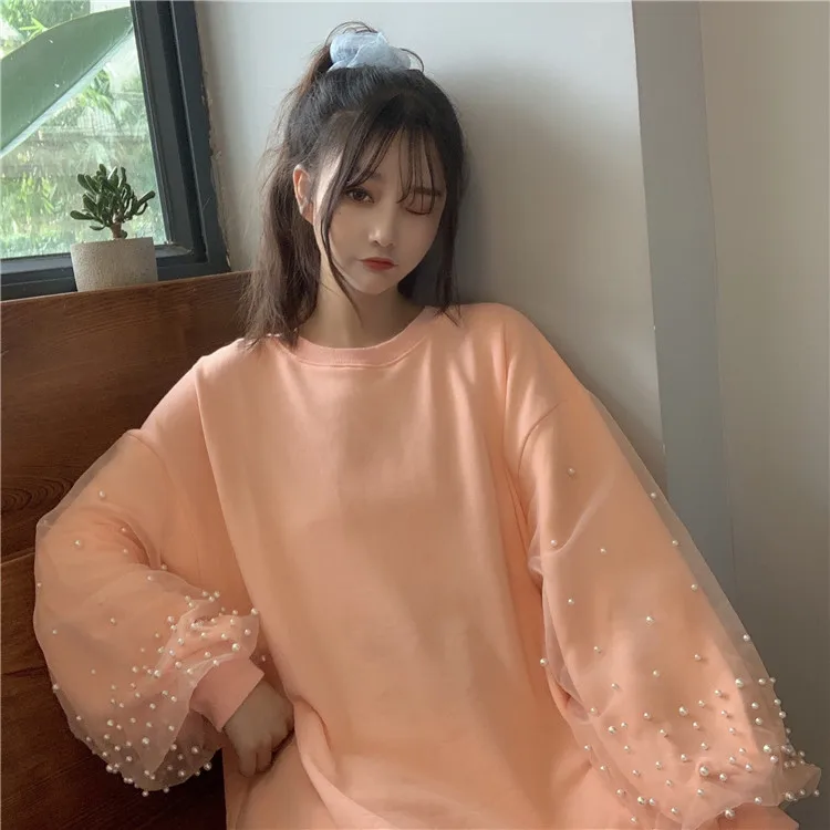Осенняя Женская толстовка с капюшоном Babydoll Kawaii Nets Пряжа Бисероплетение топы студенческие свободные однотонные топы с длинными рукавами