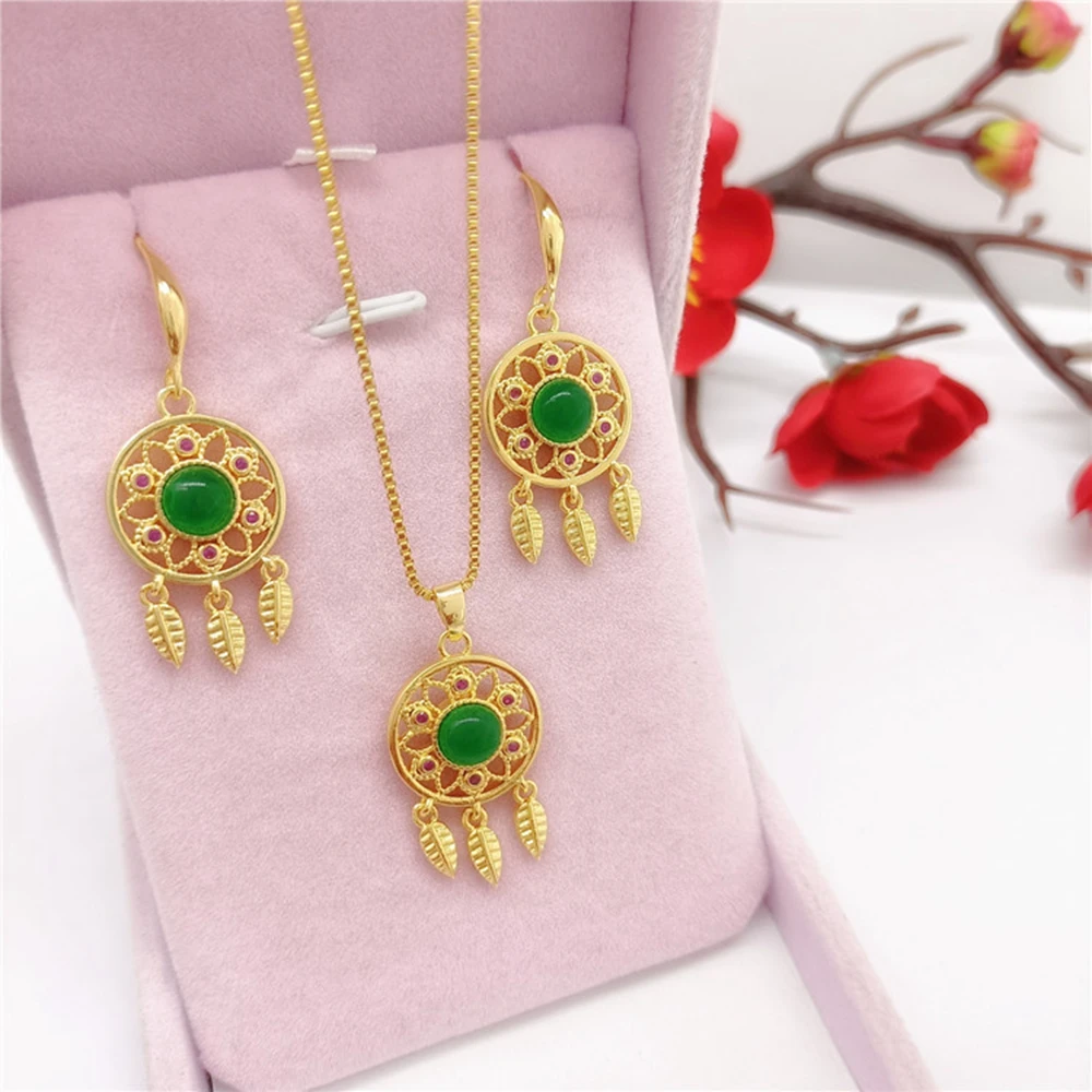 

Ethnic style Round Jewelry Set Pendant Earrings Women Accessories Yellow Gold Filled Wedding Party Gift