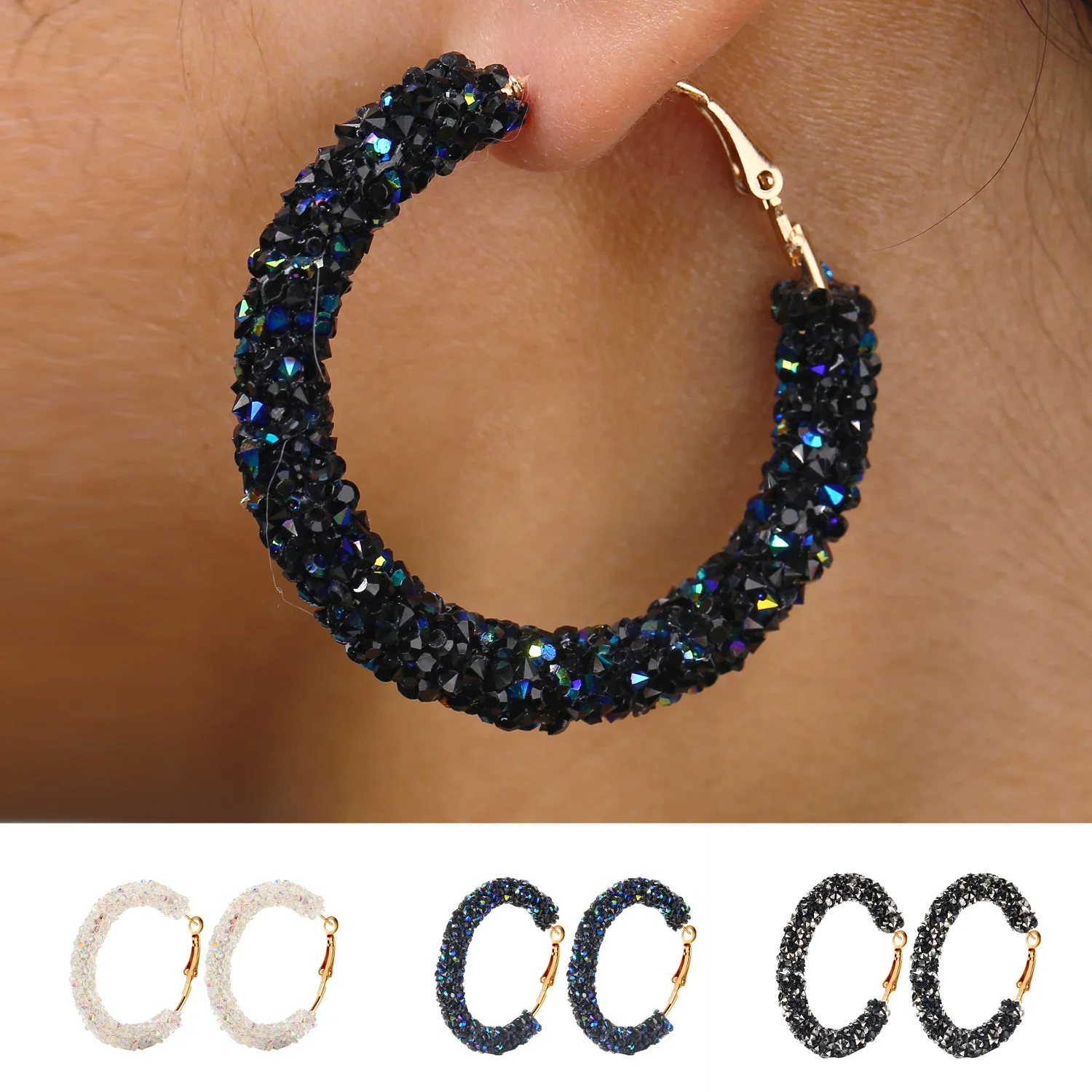 

AliExpress Wish New Fashion Simple Cool Retro Exaggerated Ear Stud Circle Crystal Earrings Ear Pendant Female