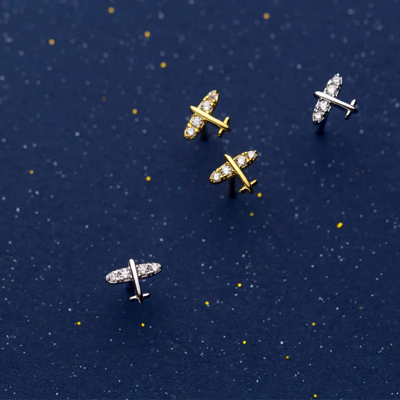 

925 Sterling Silver Rhinestone Golden Aircraft Airplane Stud Earrings for Women Girl Kids Exquisite Gold Color Mini Cute Jewelry