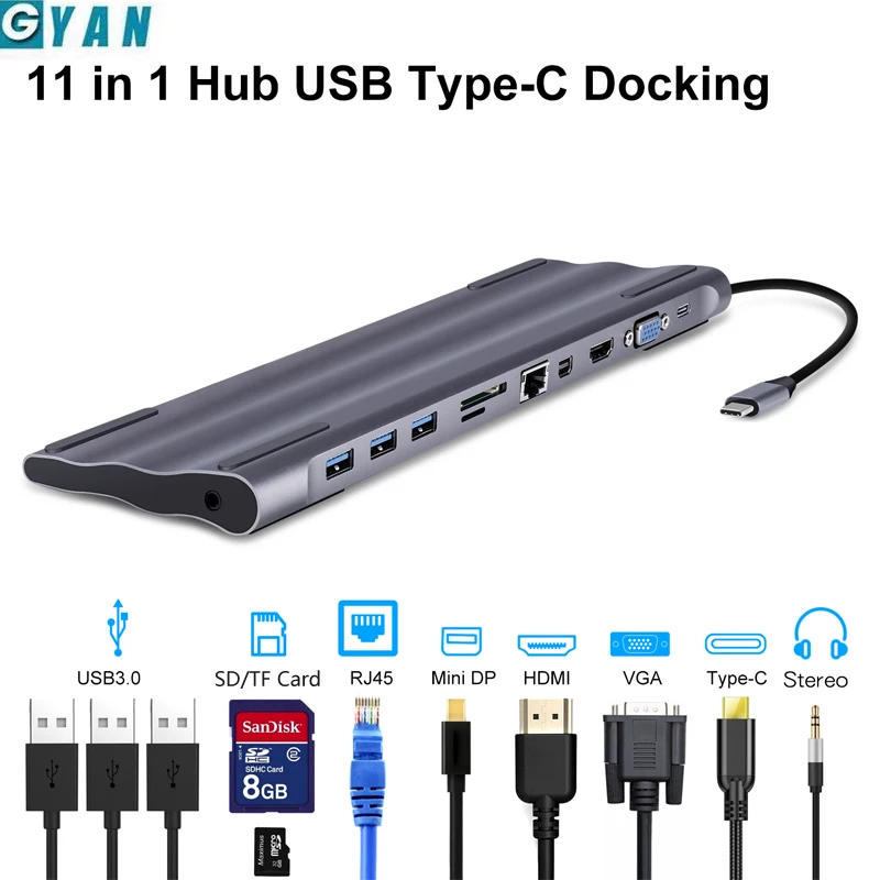  11 in 1 Type c docking station Aluminum to HDMI Card Reader RJ45 PD for Charger Audio MacBook suppo