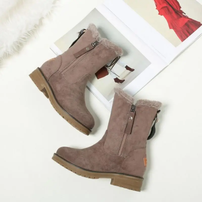 FITWEE Women Zipper Warm Mid Calf Boots Keep Warm Winter Snow Boots Daily Outdoor Flats Daily Shoes Woman Work Size 34-43