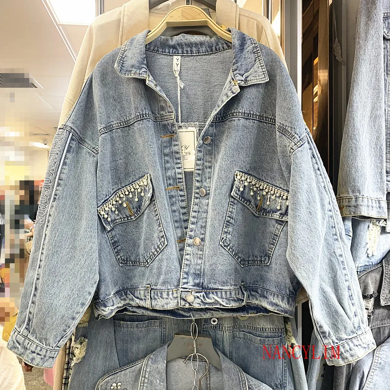 

2019 New Heavy Industry Nail Pearl Inlay Drill Denim Jacket Womens Loose Embroidery Bat Sleeve Jeans Coat Female Jean Jackets