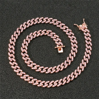 

New Hip Hop 9mm Necklace&Bracelet For Men Iced Out Pink Zircon Rhinestone Rock Cuban Chain Fashion Women Jewelry Gift