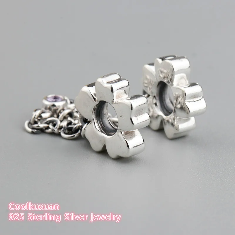 

Spring 925 Sterling Silver Wildflower Meadow Safety Chain, Royal Purple Crystals Charm Beads Fit Pandora Charms Bracelet