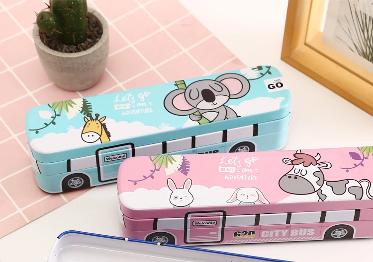 Creative bus stationery box multi-function pencil box iron box children's school supplies men and women students double-layer p