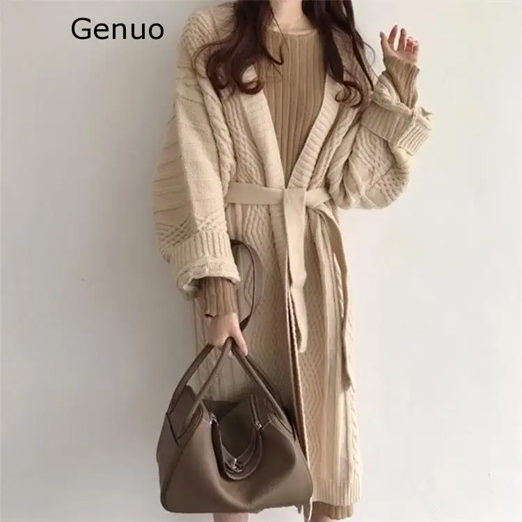 Genuo, новинка, Осень-зима, женские куртки, вязанные, теплые, корейский стиль, элегантные, повседневные, длинные, пальто, верхняя одежда для девушек