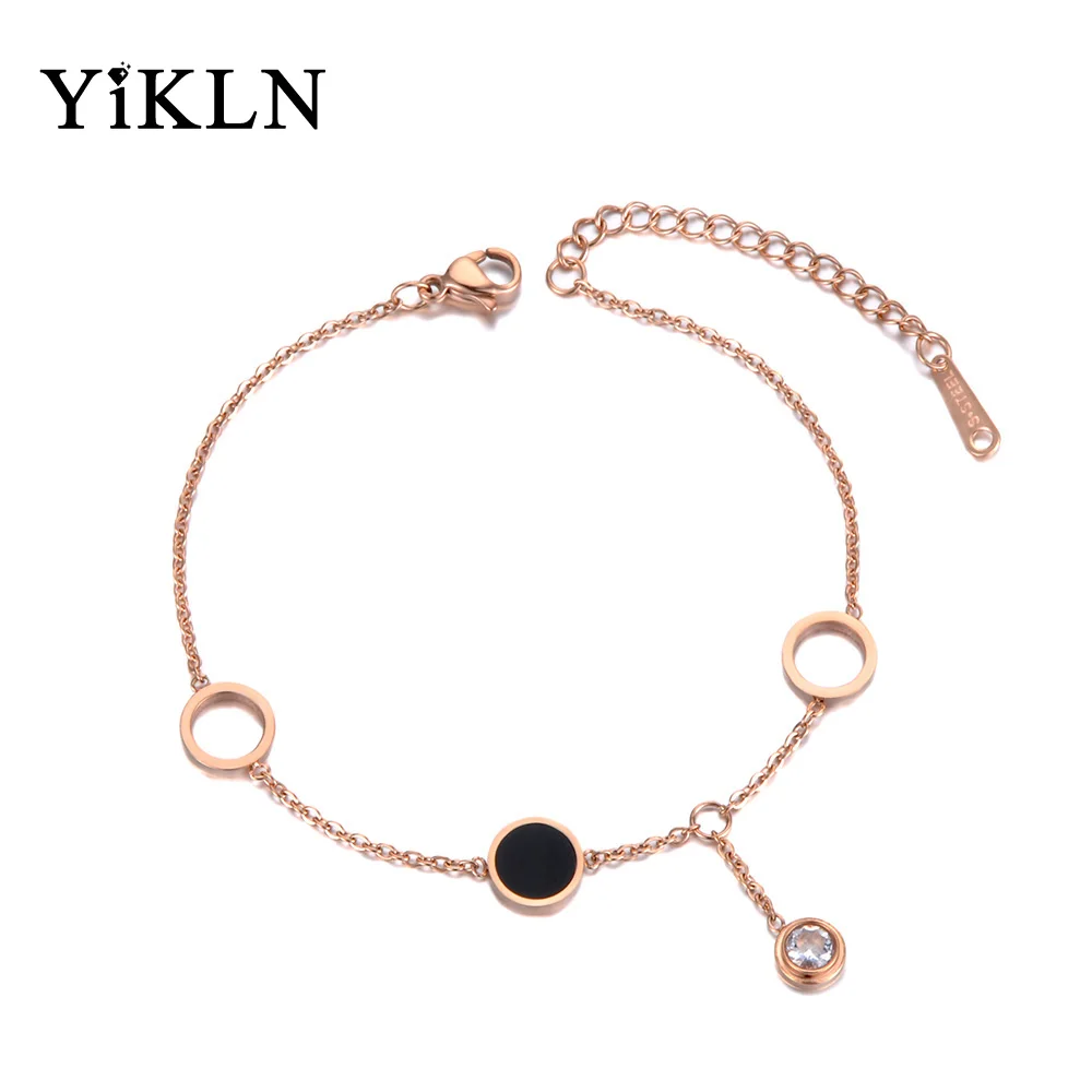 YiKLN, богемные браслеты из нержавеющей стали, черные акриловые цепочки и звенья, для женщин, Модный CZ Кристалл, очаровательный браслет, ювелирное изделие YB19054